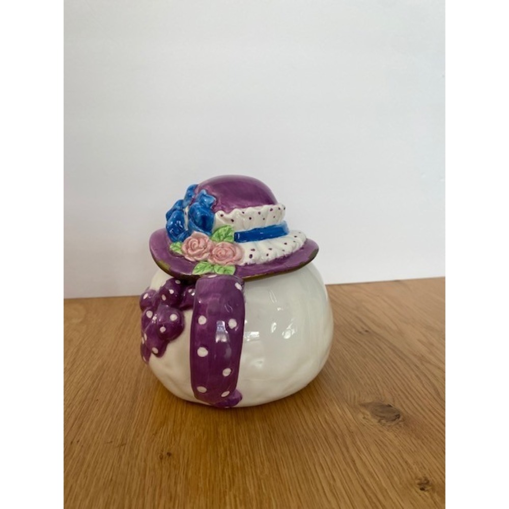 Bella Casa by Ganz Teapot Sun Hat Lid Purple Polka Dot Ribbon White Ceramic Good